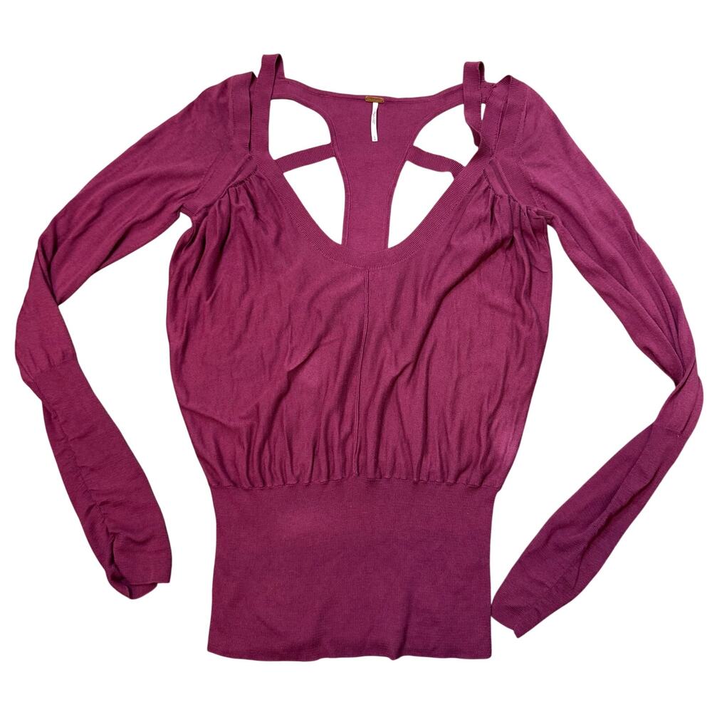 Free People Strappy Cutout Back Long Sleeve Ribbed Knit Top Sz L Boho Balletcore